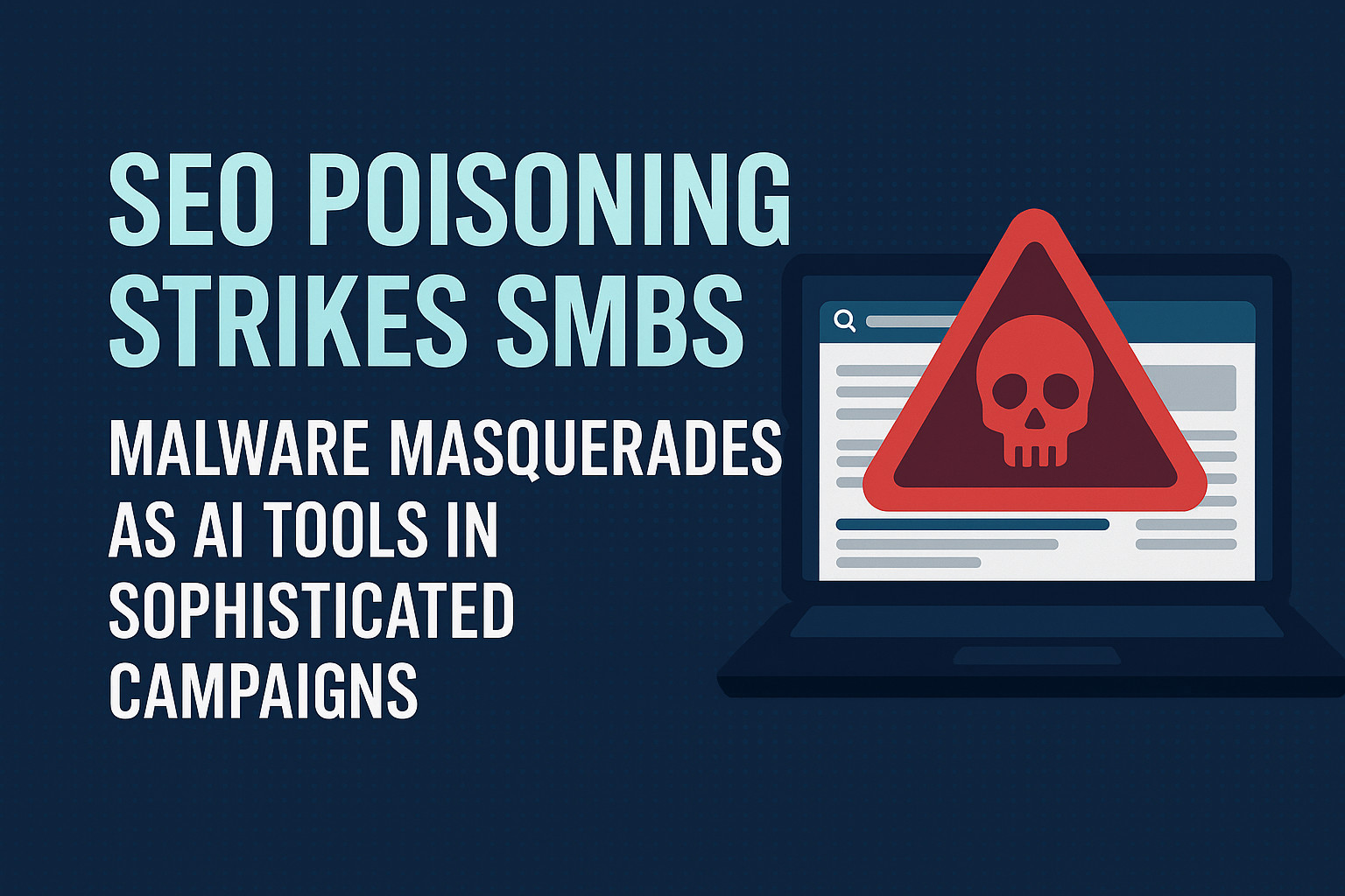 Illustration of a cybersecurity warning on a laptop screen highlighting SEO poisoning targeting SMBs